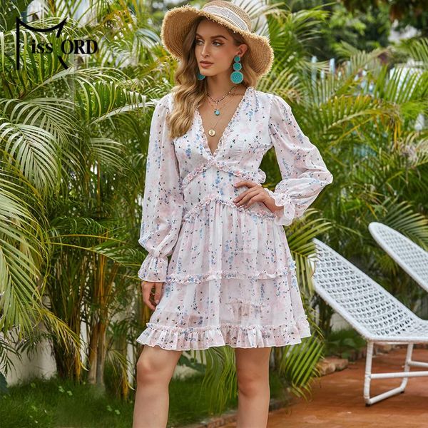

casual dresses missord deep v floral print women mini chiffon boho beach dress summer backless long sleeve dm0011-1, Black;gray