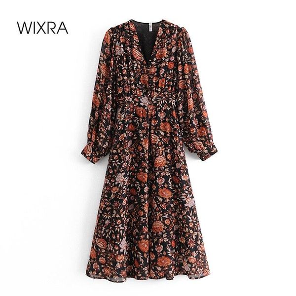 

casual dresses wixra womens floral print mid calf dress empire v neck full puff sleeve street wear 2021 spring summer, Black;gray