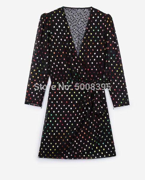 

casual dresses [7evening] - fashion black mini wrap dress colorful foil stamping deep v-neck side with bow tied 3/4 sleeves, Black;gray