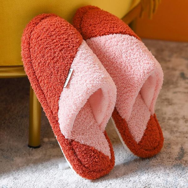

slippers winter warm women home fall furry slip on flats mixed colors couples men faux fur cotton plush slides, Black
