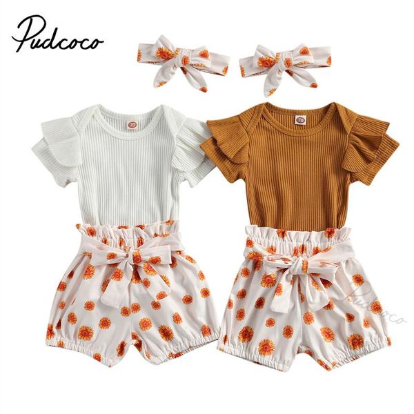 

clothing sets born baby girls 3-piece outfit set solid color ribbed romper+floral print shorts+headband 0-18m summer, White