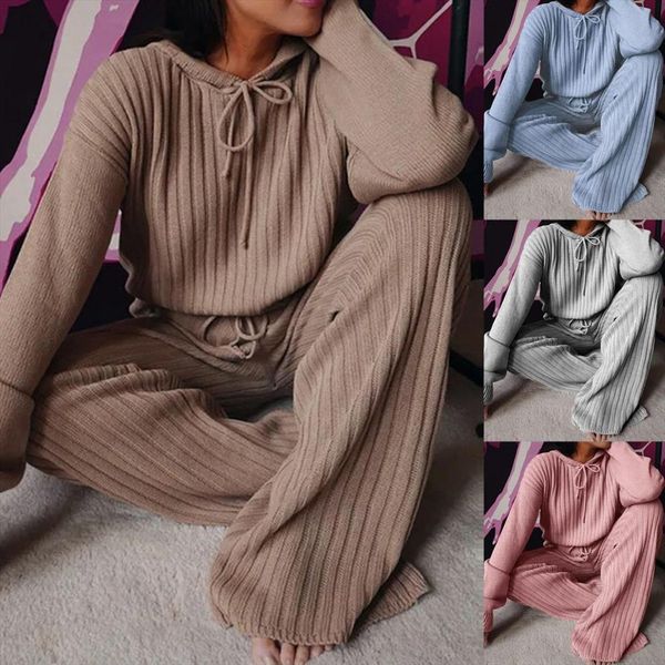 

autumn winter knitted two womens tracksuits piece set outfit long sleeve hooded pullover wide leg pants 2 tracksuit, Gray