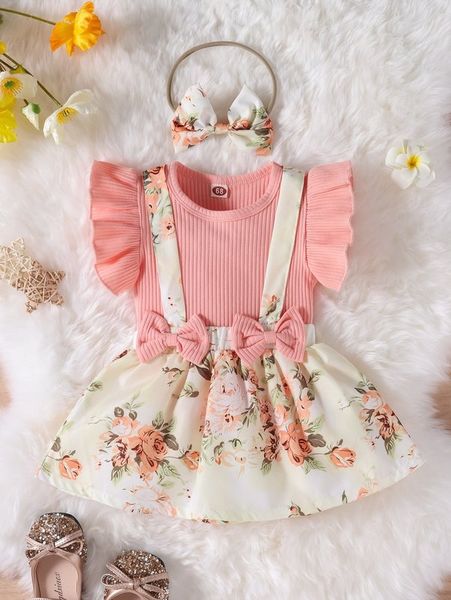 

baby ruffle trim & floral print suspender skirt with headband she, White
