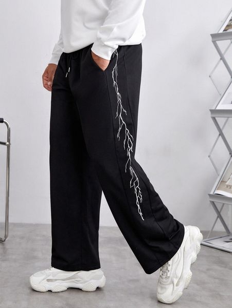 

extended sizes men lightning print drawstring waist sweatpants r5ix#, Black