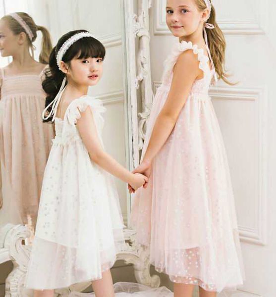 Sternenhimmel Mädchen Pary Kleid Stil High Low Glitzer Sterne Flauschige Strand Kinderkleidung 2-7Y E9909 210610