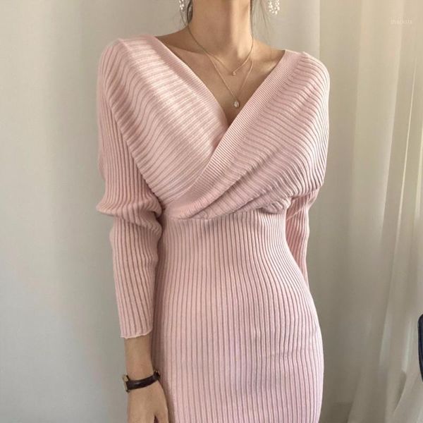 

little mature lady wrap big v neck knitted dress short one piece autumn winter solid color robe vestido, Black;gray