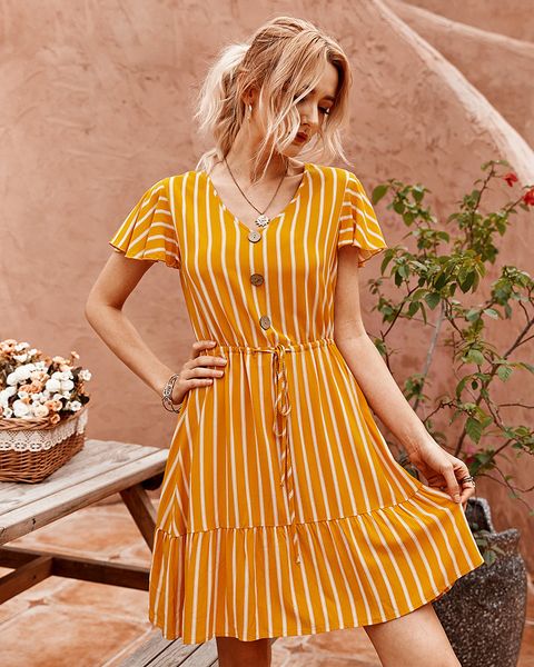 

2021 summer new fashion woman striped v-neck short-sleeved knee button belt ruffled cotton trend party es uzlw, Black;gray