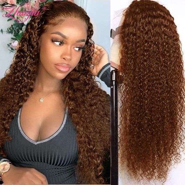 

lace wigs 30 inch curly wig 250 density brazilian front 4# brown human hair for women pre plucked with baby, Black;brown