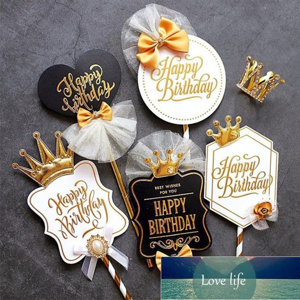 Topper per torta di buon compleanno con corona in stile bianco nero e fiocco per la decorazione di torte per feste di compleanno, regali d'amore