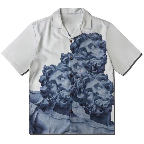 

men's t-shirts 2021 summer hip hop sculpture retro shirt men oversized turn-down collar short sleeve shirts vintage loose streetwear, White;black