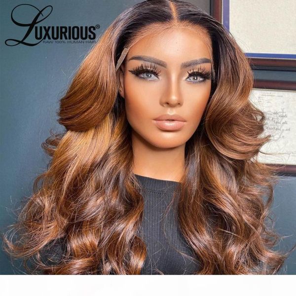 

180% honey brown part lace wig body wave human hair wigs for women middle part brazilian remy hair 1b #4 ombre highlight wig, Black;brown