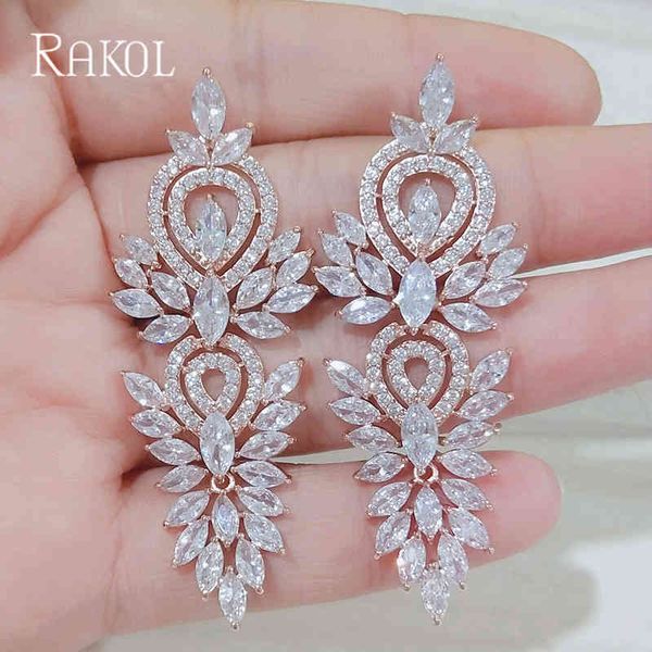 

rakol luxury aaa marquise cut cubic zircon big long dangle earring for women fashion leaf bridal wedding jewelry accessory, Bronze;silver