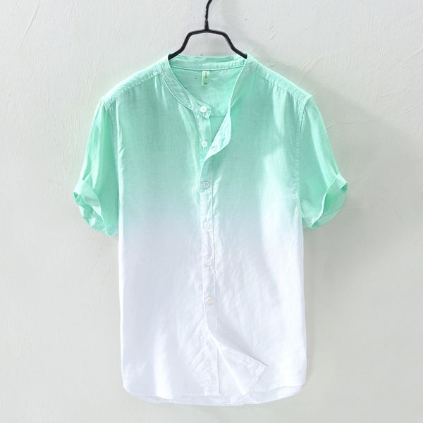 

2021 new style men's pure linen gradient short sleeve green casual stand collar fashion shirt mens comfortable flax shirts men w3q9, White;black