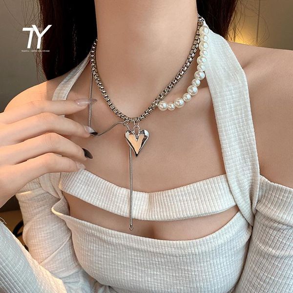 

pendant necklaces 2021 hip hop love pearl tassel necklace for woman korean fashion heart-shaped choker jewelry gothic girl's clavicle c, Silver