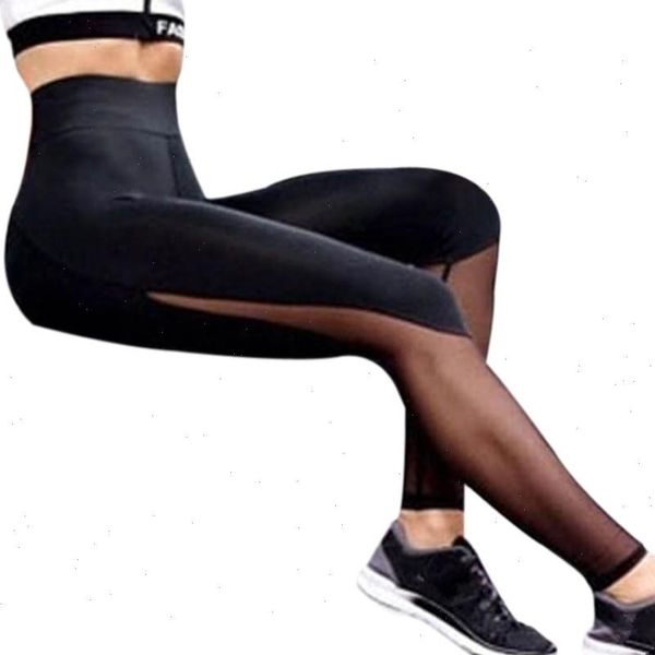 

black casual contrast mesh contrast skinny solid leggings summer women trousers high waist fitness workout leggins panties