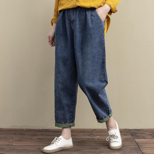 

women's jeans women autumn large size loose elastic waist button denim pants 2021 ladies casual pocket mori girl trousers, Blue
