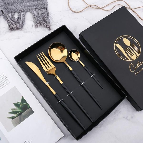 

304 stainless steel golden cutlery set black luxury dinnerware set kitchen cutlery mirror polishing fork spoons knives 4pcs