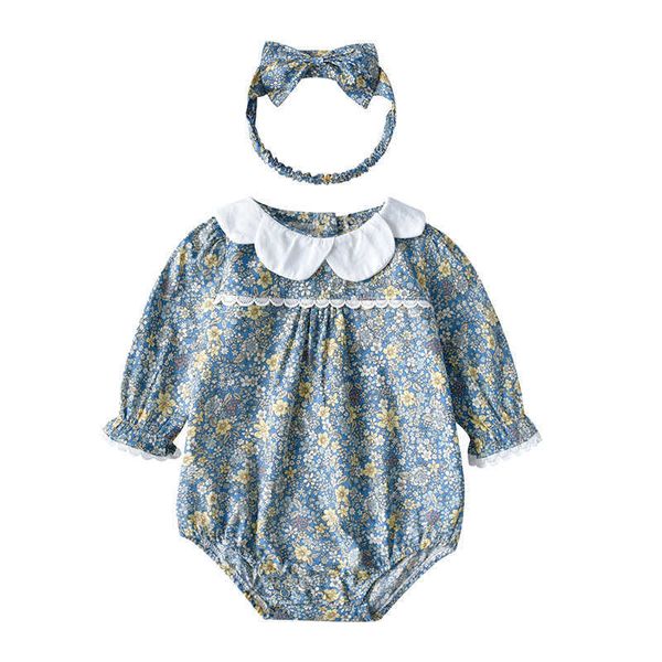 Pagliaccetti per neonati Ragazza Tuta in cotone floreale Bambini Abiti vintage Capispalla Abiti autunnali Pagliaccetto nato 210615