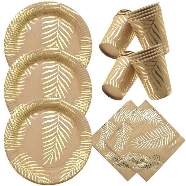 

disposable dinnerware gold foil tropical palm leaf paper plates tableware towel cup plate set wedding birthday holiday party decor