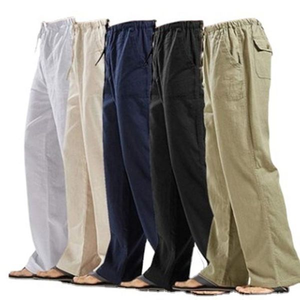 

men's pants plus size 5xl 2021 mens nature cotton linen trousers summer casual male solid elastic waist straight loose fit, Black