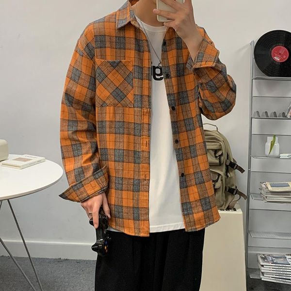 

men's casual shirts men harajuku color block plaid shirt man streetwear long sleeve male vintage korean fashions clothes woman matching, White;black
