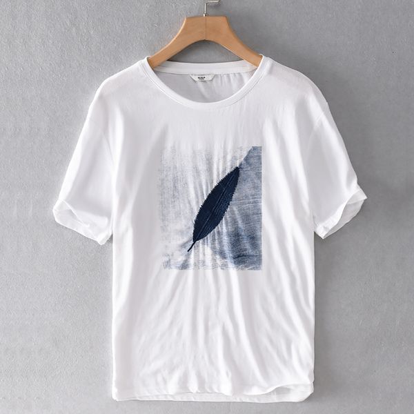 

2021 new embroidery summer short-sleeved linen t-shirt casual loose trend t shirt for men fashion round neck tshirt mens chemiseta b33f, White;black