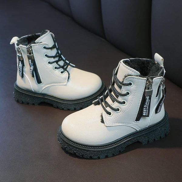 

boots children ankle solid color soft pu leather black white thick bottom 27-38 boys girls winter warm snow kids shoes, Black;grey