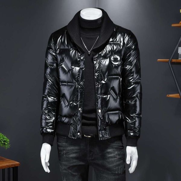 

2021 winter lapel trend short bright face end warm down jacket men's, Black
