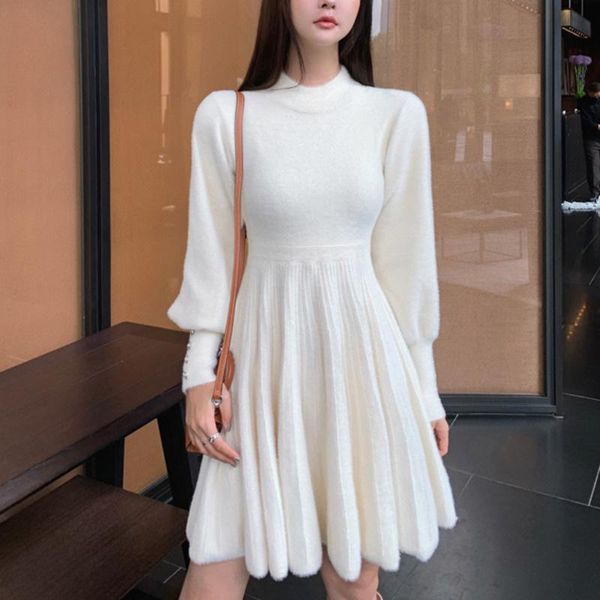 

casual dresses autumn winter knitted sweater dress women korean sweet vestidos long sleeve button pull mini for, Black;gray