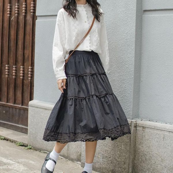 

skirts summer women skirt pleated black high waist lace midi thin yarn loose long