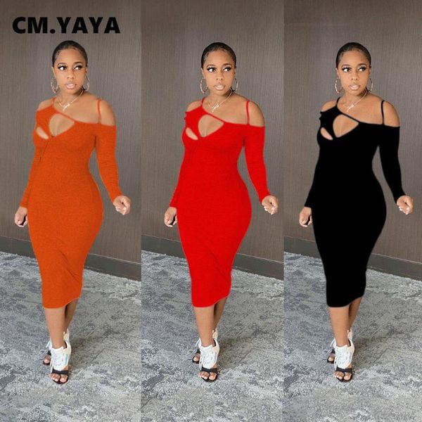 

casual dresses cm.yaya cut out asymmetrical neck midi bodycon dress for women club party long sleeve pencil vestido fall winter, Black;gray