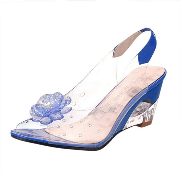 

big size 34-43 jelly shoes sweet flower ladies transparent sandals women high heels peep toe clear wedge heels crystal sandals, Black