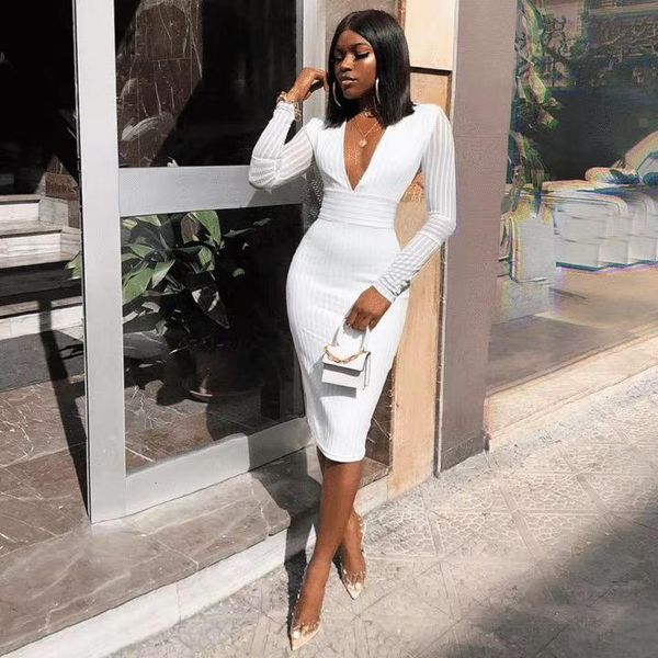 

casual dresses winter 2021 women designer long sleeve black white bandage dress ladies elegant celebrity bodycon party vestido, Black;gray