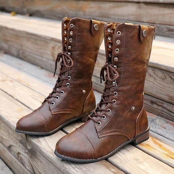 

boots plus size 35-53 nice women mid calf rain autumn lace up grid insole shoes woman flat heels lady vogue motorcycle boot, Black