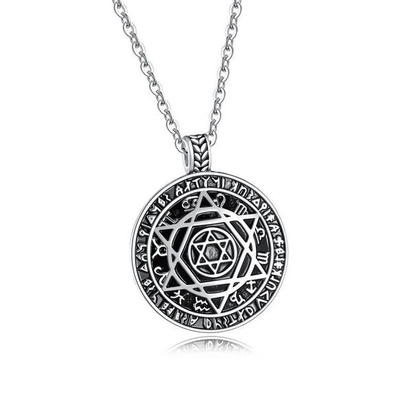 

pendant necklaces 50cm stainless steel man necklace european american vintage six-pointed star round card hip hop men's neck chain jewe, Silver