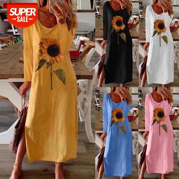 

plant printed women's side slit long sleeve dress 2020 autumn new fashion casual loose wear straight pullover tube plus size #x03j, White;black