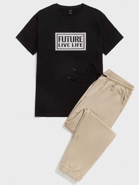 

men letter graphic tee & drawstring waist sweatpants u48x#, Gray