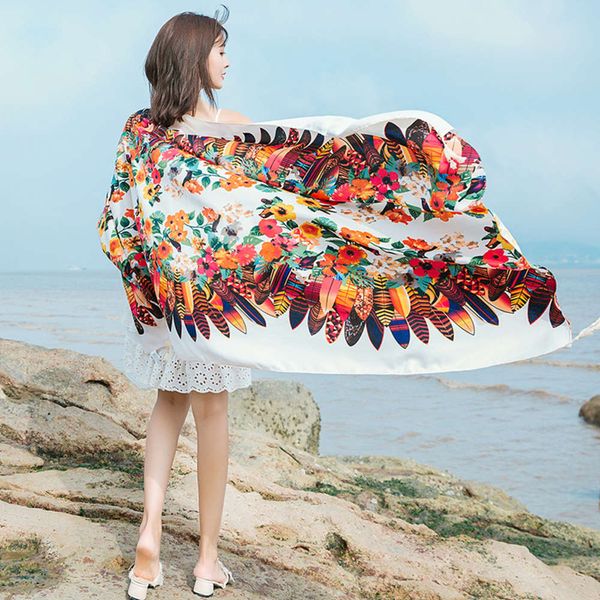

new women's ethnic style printed cotton linen dual purpose sunscreen shawl resort beach towel silk scarf, Blue;gray
