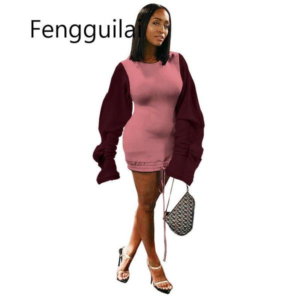 

casual dresses ruffle puff sleeve o-neck dress women drawstring split long sweatshirt autumn winter fleece plus size, Black;gray