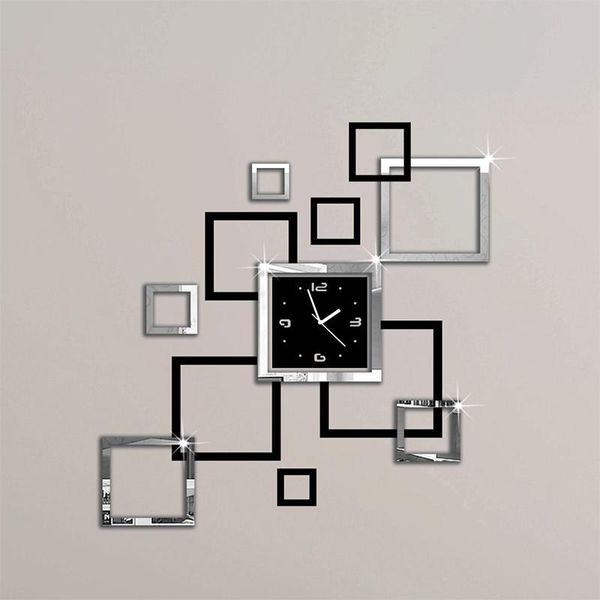 

wall clocks acrylic mirror 3d sticker europe fashion modern quartz watch design sliver & black square