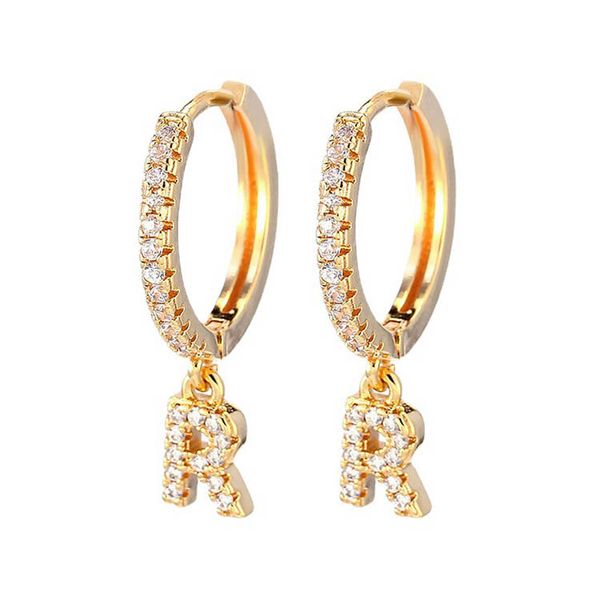 Lussuoso alfabeto lettere design fascino orecchini di diamanti artificiali di lusso una lettera appesa al cerchio dorato con strass orecchino d'argento e d'oro all'ingrosso