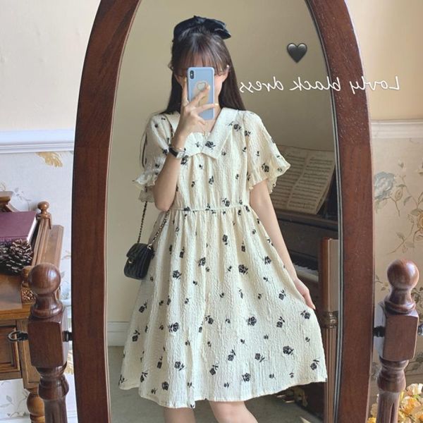 

casual dresses japanese mori girl flower print dress women short sleeve bohemian style vestidos clothes 2021, Black;gray