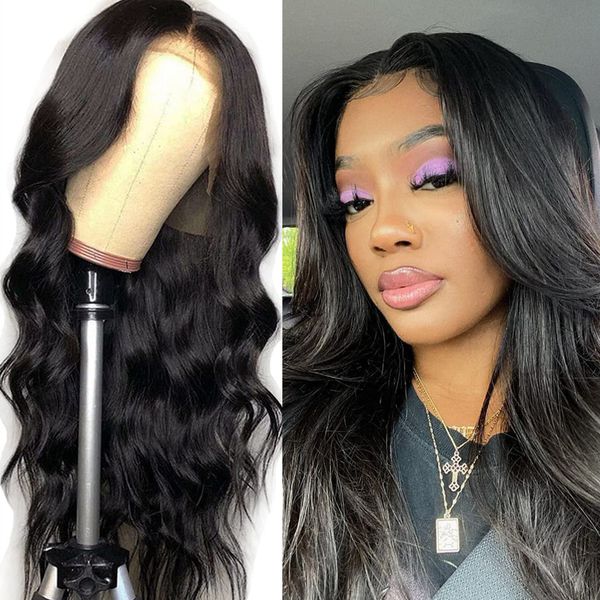 

lx brand long body wave lace front wigs pre plucked synthetic lace wig for women heat resistant fiber hair cosplay wig gluelessfactory direc, Black