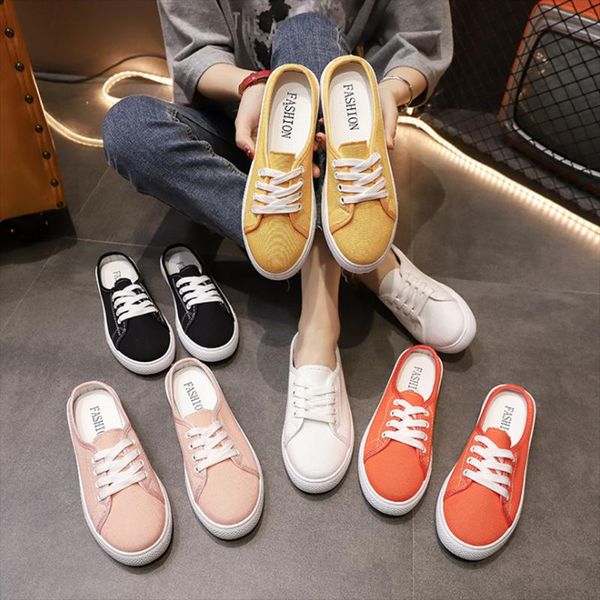 

slippers women's shoes lace-up half without heel canvas casual girls fashion shallow flats ladies, Black