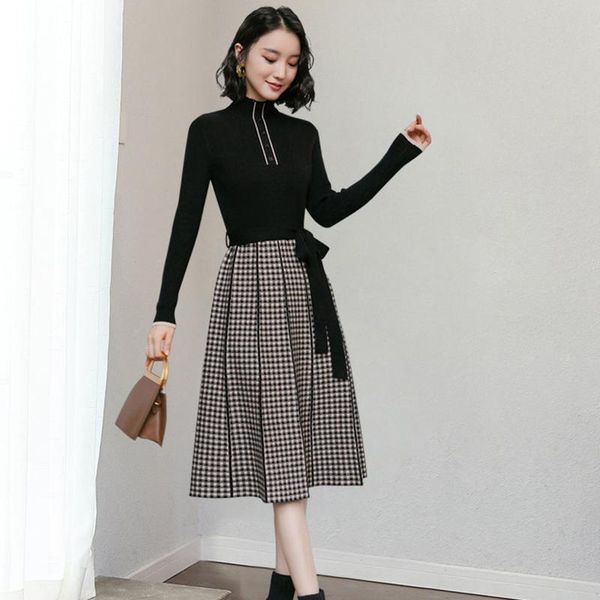 

casual dresses korean fashion long sleeve dress women clothing patchwork plaid lace up a-line knitted elegant winter midi sweater, Black;gray