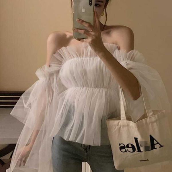 

fashion summer shirt women chiffon off shoulder shirts strapless horn sleeve feminine 210601, White