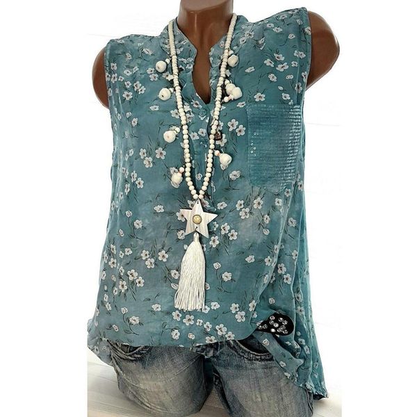 

summer blouse women sleeveless pocket button up v neck boho shirt plus size floral printed casual camisas femininas t2, White