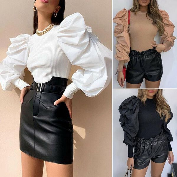 

women's blouses & shirts retro women ladies puff sleeve blouse classic solid o-neck ribbed pullover autumn winter female slim jumper, White