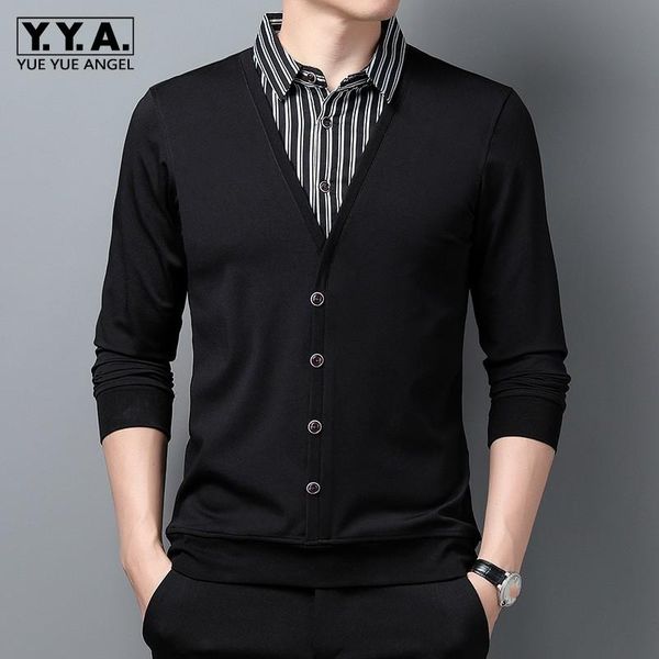 

men's sweaters turn-down collar long sleeve business casual mens spring autumn fashion slim pullover stripe sweater jackets korean styl, White;black