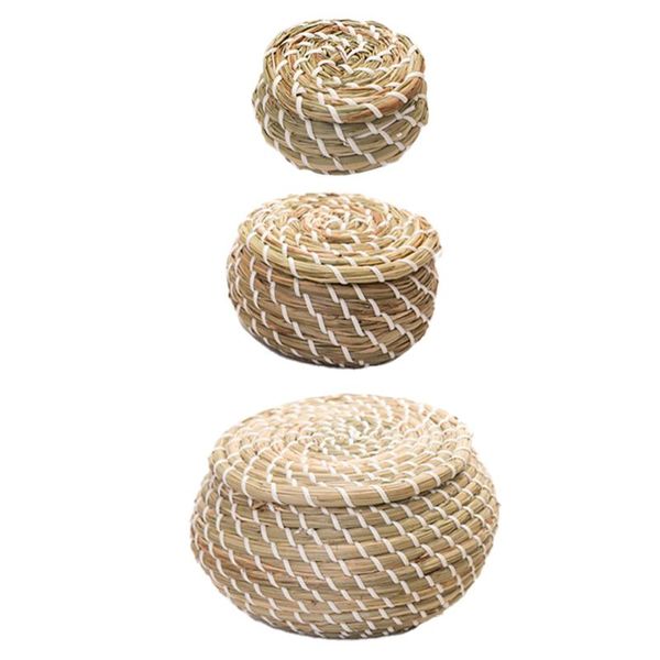 

storage baskets 1 set straw hand woven wicker with lid (assorted color)